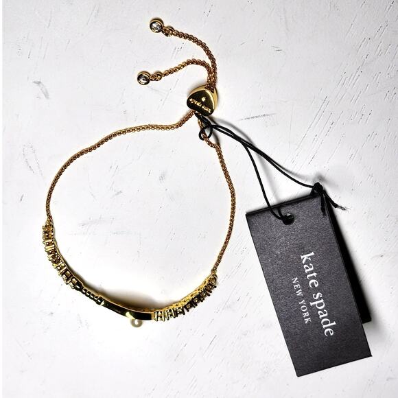 Kate Spade Queen Of The Court Tennis Slider Bracelet Racket Line Gold Pearl Pave - Picture 7 of 9